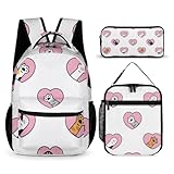 Mateju Schulrucksack, Kätzchenmuster Rucksack für Mädchen Jungen, Leichtgewicht Schulrucksack Teenager, 3 Stück Rucksack Kinder mit Lunchpaket und Mäppchen, Schulranzen (Weiß,one size)