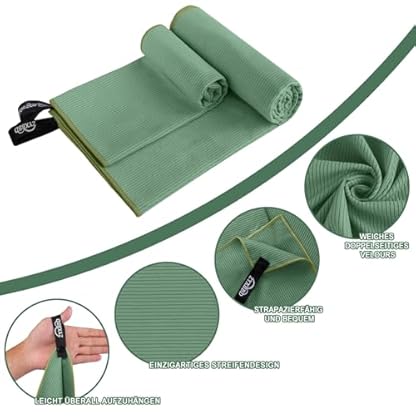 ZYXBBD Mikrofaser Handtuch 3er Set(160x80cm Groß Badetuch +2 Stück 80x40cm Klein Handtuch), Gestreiftes Strandtuch Reisehandtuch Schnelltrocknend Microfaser Handtücher für Fitness Strand,Reise Grün – Bild 4