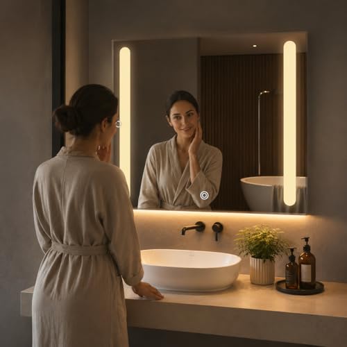 Image of LED Bathroom Wall Mirror with Decorative 3 Light Design | Touch Sensor | Warm | Natural and Cool White | for Wash Basin | Bedroom | Dressing Area Decoration (Square, 24x24)