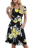 DouBCQ Women's Casual Short Sleeve Flowy Pleated Loose Dresses with Pockets (Yellow Flower Black, L)