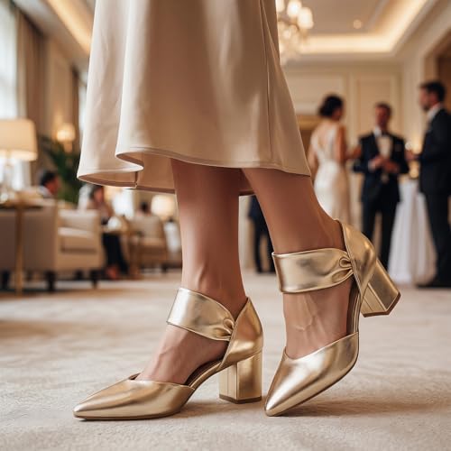 Image of RIBONGZ Kitten Heels for Women Closed Toe Comfortable Low Heels Pointed Toe Sexy Slip on Pumps Bridal Party Dressy Shoes