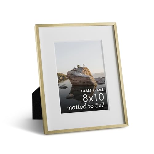 HAUS AND HUES 8x10 Picture Frame with Real Glass & Gold Premium-Grade Metal Matted to 5x7 - Aluminum 8x10 Picture Frame - Includes Easel Back, Hanging Kit - Ideal for Home, Office (8x10 in, Gold)