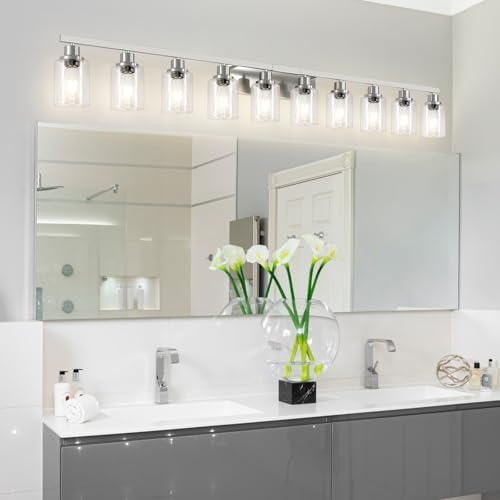 Image of Brushed Nickel Bathroom Vanity Light,10-Light Vanity Lights with Clear Glass,64.5in Modern Bathroom Wall Lights Fixtures Over Mirror,Wall Sconces Lighting for Bedroom Living Room,E26