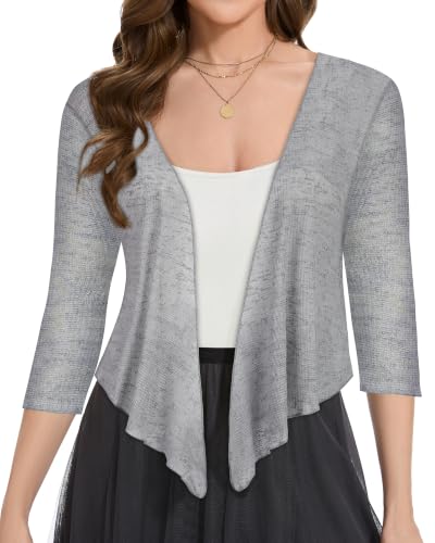 Image of Women Crop Cardigan Sheer Mesh Bolero Shrug for Dress Tie Front 3 /4 Sleeve Tops