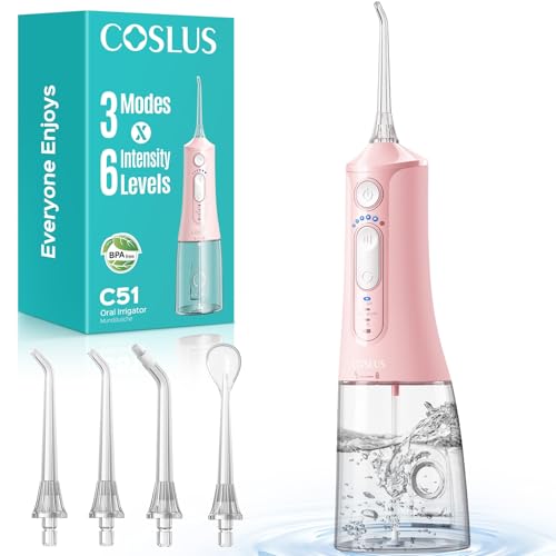 COSLUS C51 Portable Water Flosser for Teeth: 3 Modes & 6 Pressure Settings with Jet Mode Orthodontic Braces & Sensitive Gums Care for Multiple Users Compact Travel Design 300ML Pale pink
