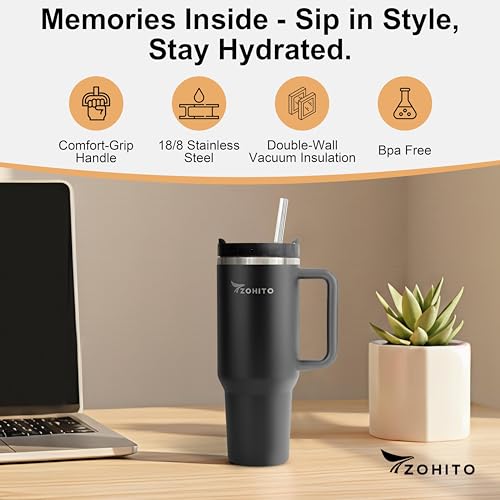 Image of 40 oz Tumbler with Handle and Straw, Vacuum Insulated Stainless Steel Travel Mug, Leakproof Large Cup Keeps Drinks Cold for Hours, Fits Car Cup Holder, Black