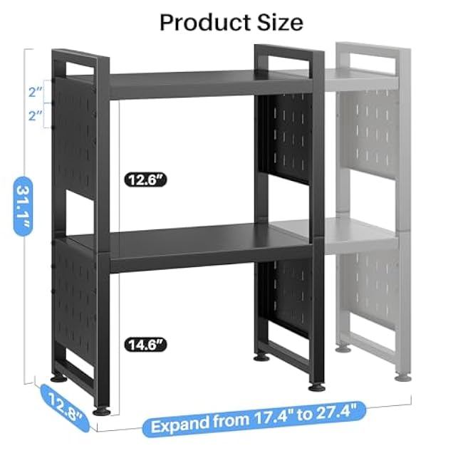 Expandable Microwave Stand, Heavy Duty 3-Tier Adjustable Microwave Oven Rack Shelf with 8 Hooks & 2 Holders, Space-saving Kitchen Counter Shelf for kitchen organizers and storage, 200lbs Capacity