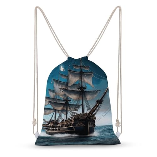 Pirate Ship Drawstring Backpack - Canvas Sports Gym Sackpack, Lightweight String Bag for Beach & Travel