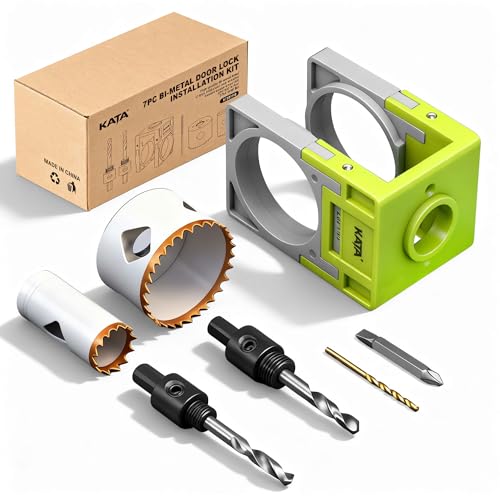 KATA Door Lock Installation Kit for Metal & Wood Doors 1-3/8 to 1-3/4 Bi-Metal Hole Saw with Adjustable Guide Template Installing Deadbolt and Knob Extra Drill Bit & Screwdriver Bit Inclued