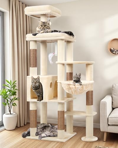 Globlazer Kratzbaum Beige Groß Katzen Hoch 167 cm mit Breit Plattform Gepolsterte, Groß Katzenhaus, Sitzstangen, Korb, Katzenspielzeug, Katzenbaum...