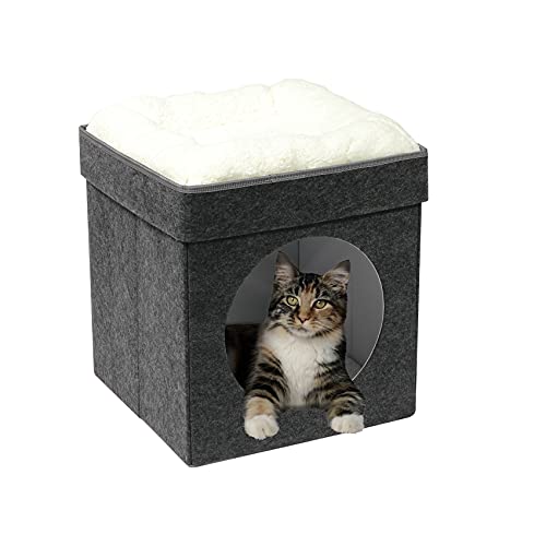 Bonlife Demi-Fermée pour Chat Pliable de Compagnie Feutrine Hiver Confort Maison Coussin Amovible,Adapté Aux Petits Chat & Chien Gris Foncé 32x32x39cm Cover