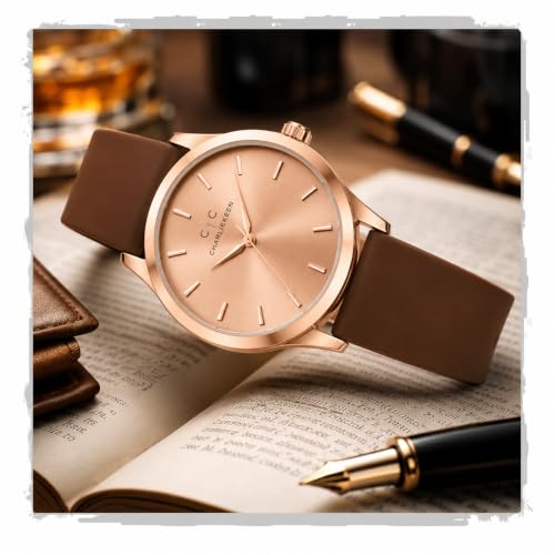 Image of CHARLIEKEEN Rose Gold Dial Watch with Brown Silicone Strap | ROSE GOLD Case, Minimalist Design, Stick Hour Markers, Casual Wear