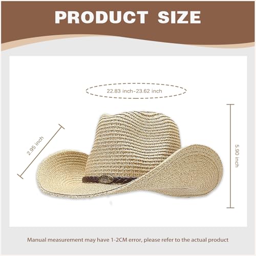 Image of Straw Cowboy Hats Western Cowgirl Hat for Holiday Woven Beach Sun Hat with Shapeable Wide Brim Cowboy Hat for Women /Men