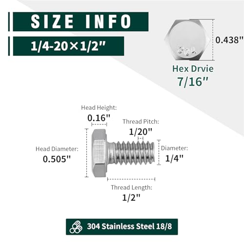 Image of (10 Sets) 1 /4-20 x 1 /2 inch Hex Bolt and Nut Kit, 304 Stainless Steel (18-8), Fully Threaded, Flat & Lock Washers Included
