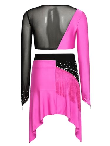 Costume danse latine rose vif ensemble haut et jupe à franges inhzoy femme