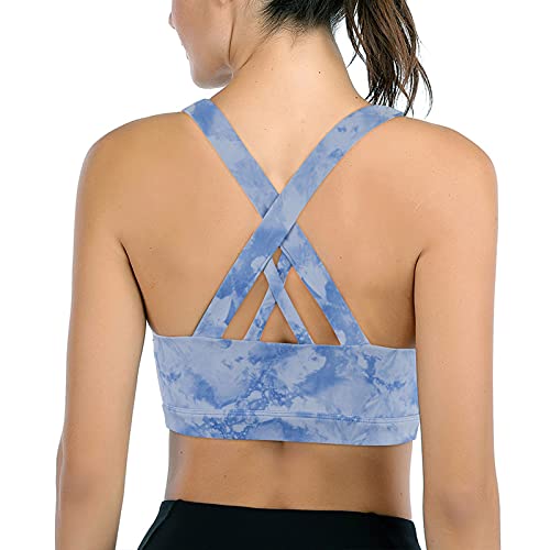 Image of Sports Bras for Women High Impact Support for Yoga Gym Running Workout Fitness Strappy Sports Bra with Padded Removable Cups, Blue Tie Dye, Small