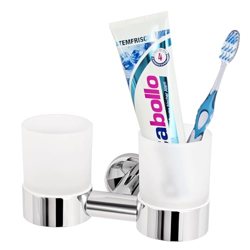 bremermann Bad-Serie Lucente - Doppel-Glasbecherhalter, Zahnputzbecherhalter inkl. Wandhalterung, Becherhalter - Zahnbürstenhalter, aus satiniertem Glas und Edelstahl verchromt