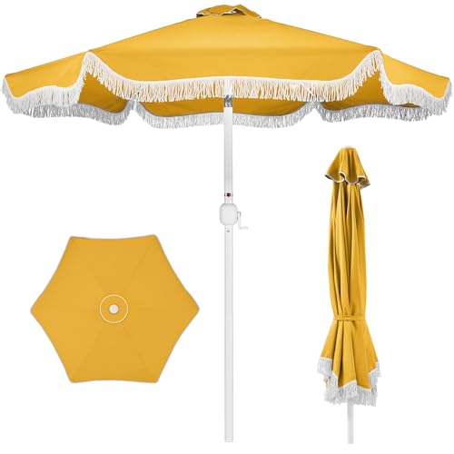 Best Choice Products 9ft Fringe Market Patio Umbrella Outdoor Boho Tassel Sunshade for Table Pool Deck Backyard UPF50+ Easy Tilt Heavy Duty Steel Pole & Ribs - Marigold