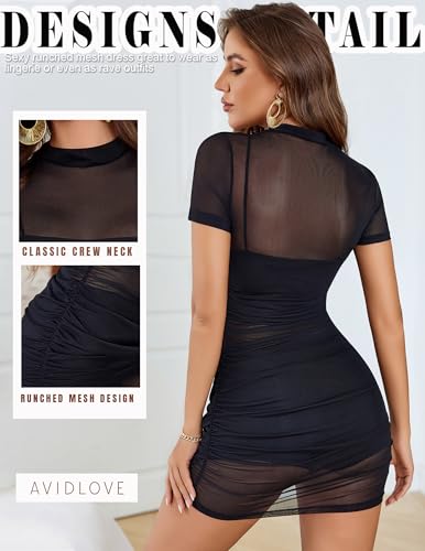 Avidlove Damen Sexy Kleid Mesh Bodys Elegant Dress Party Outfit Frauen Kostüme Kurzarm Kleider Mock-Ausschnitt Abendkleid Curvy Bodysuit Falten dessous Durchsichtig Schwarz XXL