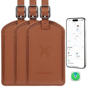 Luggage Tags Built-in Anti-Loss Tracker, Luxury Leather Luggage Tags for Suitcase, Travel Bags, Backpacks, Travel Organizer for Lost Baggage Prevention (Brown*3 Pack)