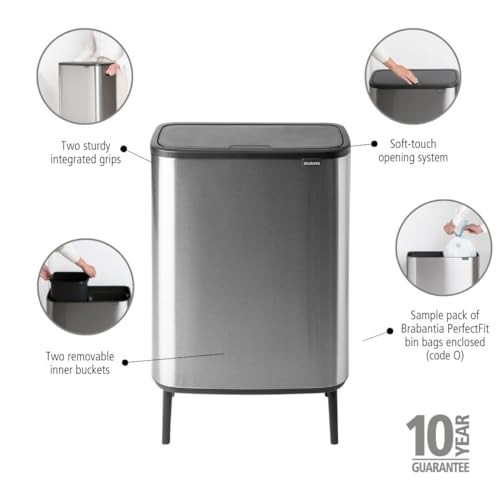 Image of Brabantia Bo Hi Touch Top Kitchen Trash Can with Dual Compartments & Raised Legs | Matt Steel Fingerprint Proof | 2 x 8 Gal Inner Buckets | Soft-Close, Light Touch Opening, Stay-Open Lid | +Trash Bags