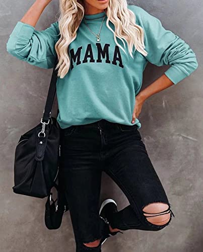 Leedya Women Funny Mama Shirts Letter Print Scoop Neck Sweatshirt Casual Long Sleeve Pullover Tops Blue Green Xx-Large #TOP2