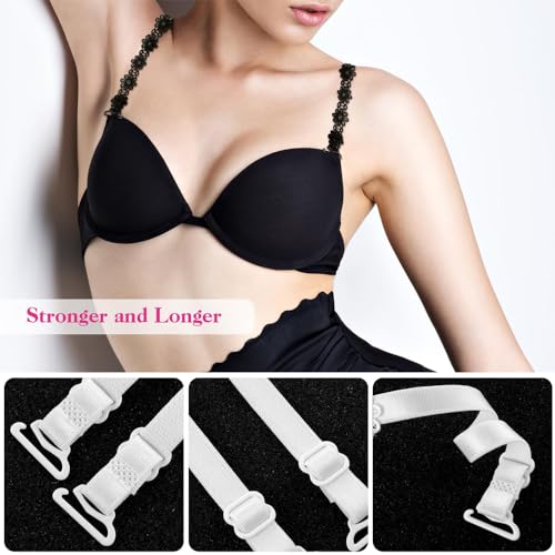 Sichumaria 2 Pairs Lace Flower Bra Straps,Adjustable Non-Slip Bra Straps Replacement Elastic Bra Shoulder Straps Non-Slip Lingerie Straps for Women Girls Tops Dress White and Black - Image 5