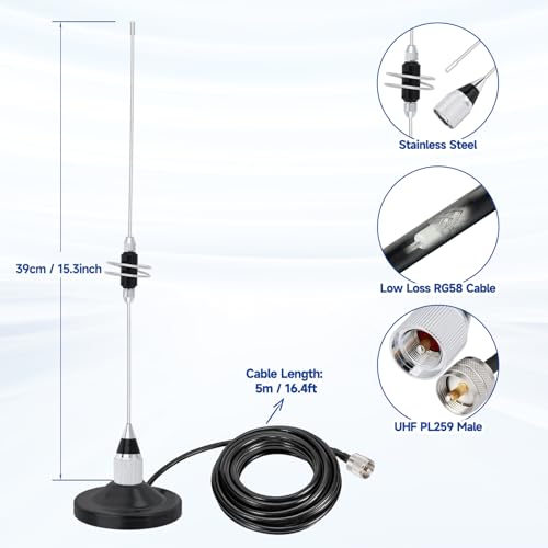 Miniatura 3 de Bingfu Antena Radio Móvil Banda Dual Vhf Uhf 136-174mhz Y 400-460mhz Antena Radioaficionado Vehículos 39cm Con Base Magnética Conector Pl259 Y Cable 5m Para Radio Bdireccionales Y Dispositivos Amateur