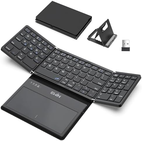 （00:00時点） キーボード ワイヤレス 折り畳み bluetoothとusb無線両対応 EWiN 大きいトラックパッドとテンキー付き フルサイズ ブルートゥース keyboard 4台までのデバイスと接続可能 ios mac win android対応 英語配列 アイパッド ipad iphone パソコン タブレット スマホ スタンド付き パンタグラフ レザーカバー付き Type-C充電式 ブラック