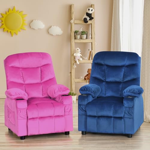 Image of Kids Recliner, Velvet Fabric Kids Recliner Chair w / 2 Cup Holders
