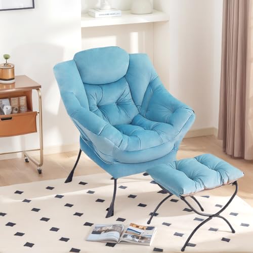 Image of Tiita Lazy Chair with Ottoman, Blue Chiars Modern Large Accent Armchair, Comfy Leisure Sofa Reading Chair with Footrest for Bedroom, Living Room, Dorm Rooms, Garden, Velvet Light Blue