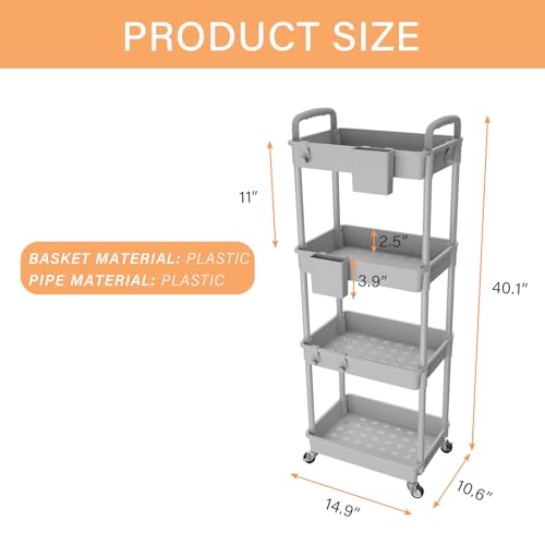 Image of 4 Tier Rolling Utility Cart with Handle,REBECAT Utility Cart Made of Multifunctional Storage Organizer Tool for Kitchen,Bathroom,Living Room,Office(Gray)