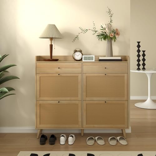 GarveeHome Shoe Cabinet with 4 Rattan Flip Drawers & 2 Drawer, Hidden Free-Standing Shoe Rack, Wooden Shoe Storage Cabinet with Legs for Entryway Hallway, Living Room