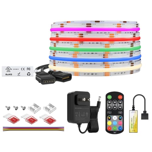Image of BTF-LIGHTING FCOB COB RGBW 4000K LED Strip Kit,UL Listed Flexible High Density DC12V 16.4FT 12mm Width 3M Tape RF Remote Controller Color Changing for Bedroom Kitchen Home Indoor Decoration