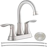 Friho Brushed Nickel Bathroom Faucet, Centerset Lead-Free Modern Commercial 2-Handle RV Bathroom Sink Faucet, 3 Hole 4 inch Bath Faucet with Drain Stopper and Water Hoses