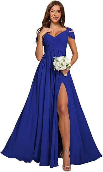 Damen Chiffon Brautjungfernkleid Lang - Off Shoulder V-Ausschnitt A-Linie Abendkleider Mit Schlitz Für Hochzeit Party Ball Festliche Kleider