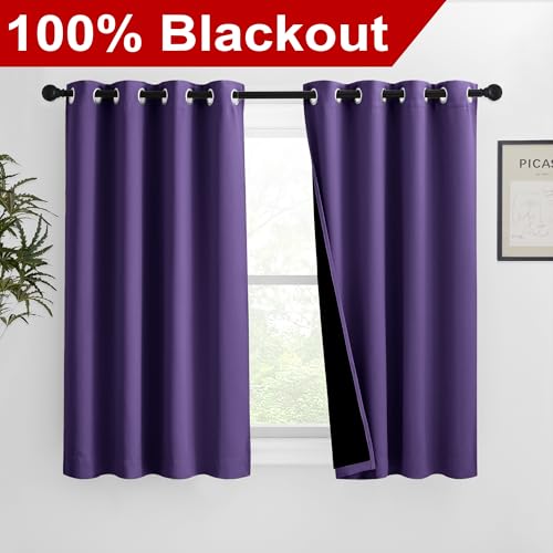 Image of NICETOWN 100% Blackout Curtains with Black Liners, Solid Thermal Insulated Full Blackout 2-Layer Lined Drapes, Energy Efficiency Window Draperies for Bedroom (2 Panels, 46 inch W by 54 inch L, Lilac Purple)