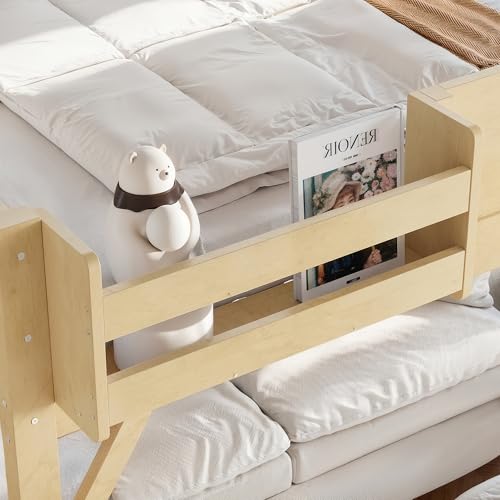 Image of KEIKI Solid Wood Queen Size Loft Bed Frame with Stairs, Built-in Wardrobe and Storage Space, Queen Loft Bed with Shelves, Queen-Length Guardrails, No Box Spring Needed for Bedroom, Natural