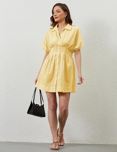 Image of calbatic Women Button Down Pleated Shirt Dress Striped Short Sleeve Summer Business Casual Flowy Mini Short Dress Yellow