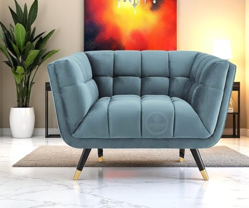 DESIGNER LIBRARY Sheesham Wood Velvet Armchair Sky Blue - Image 6