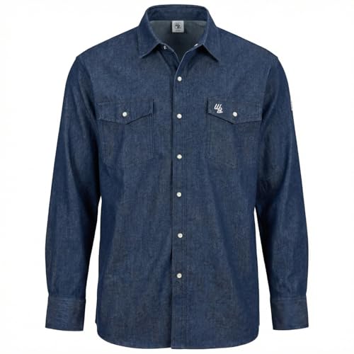 Image of WoahBros Slick FR Shirts, 8oz Midweight Flame Resistant Welding Shirt, CAT2/NFPA2112, 100% Cotton with Pearl Snap Buttons - Denim, XL