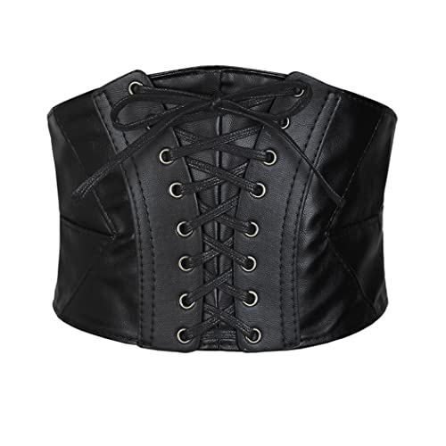Borsgye Damen Leder Elastisches Band Retro Gebundenes Korsett Schnürkorsett Breites Taille Gürtel Bandage Elastizität Gurt Kostüm Kleid Taillengürtel Zurück Schnappen - Schwarz Cover