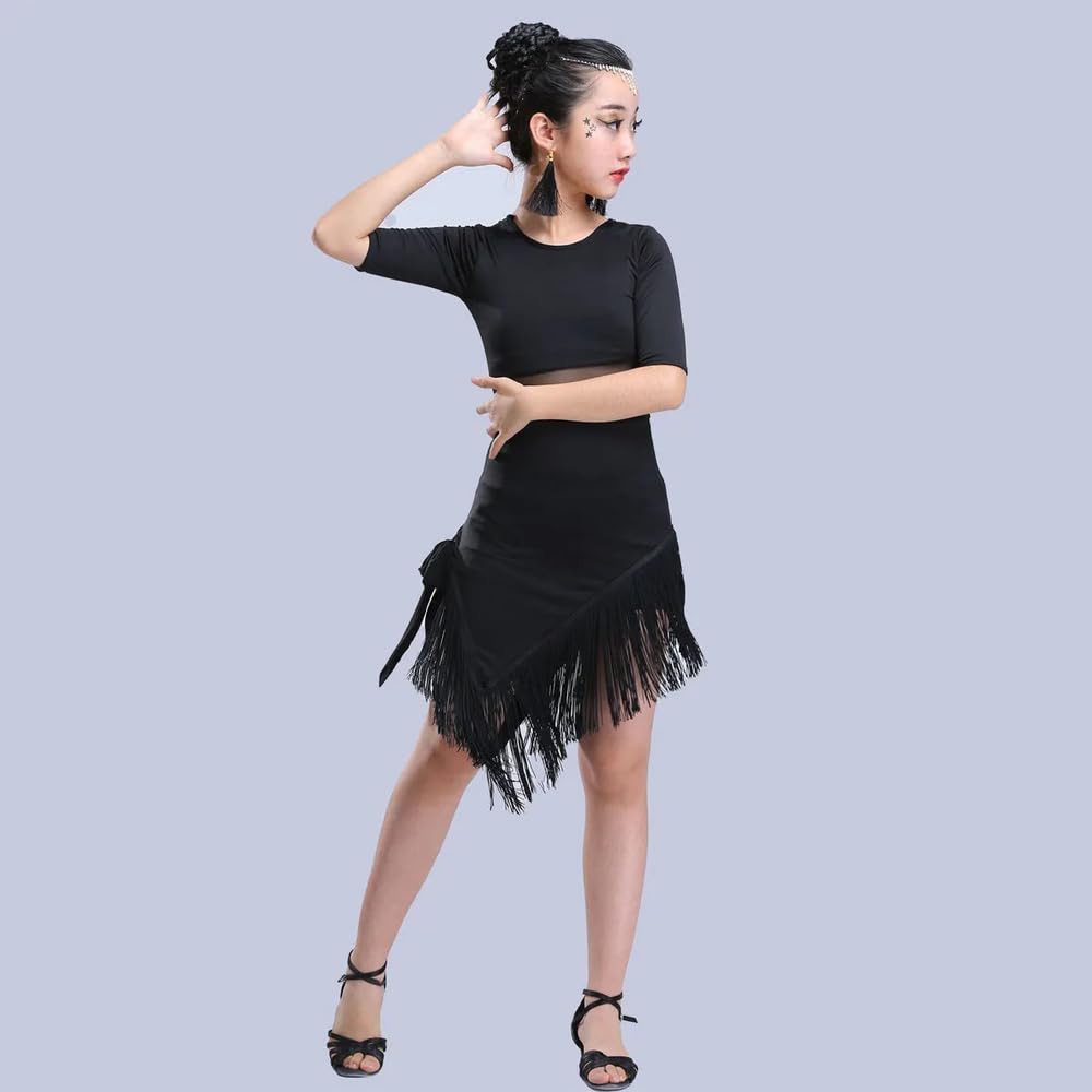 Enfants Filles Danse Vêtements Gland Hem Latin Dance Dress Exercice Performances Compétition Costume