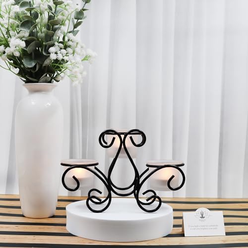 Image of HOSLEY Frosted Glass Tealight Candle Holders| Black Tealight Candle Holders with Glass Holders Perfect for Home Decor Tabletop Centerpiece| Pack of 1 with Pack of 3 Tealights