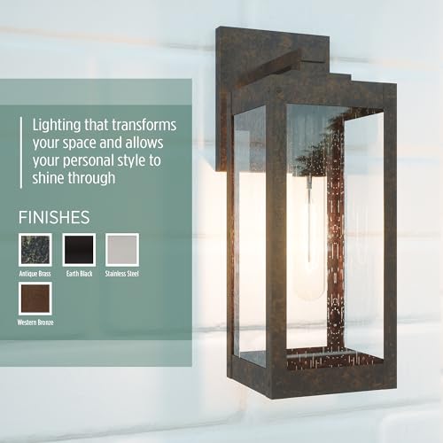 Image of Quoizel Westover 14.25 inch Outdoor Wall Lantern, Antique Brass | 1-Light, Clear Seeded Glass, Outdoor Wall Light, Modern Industrial
