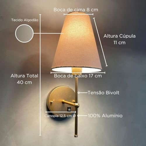 Arandela De Parede Em Aluminio Com Interruptor Cupula Tecido Algodao Soquete E27 Bivolt (Dourado com