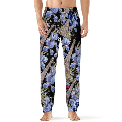 Eiffel Tower Iris Flowers France French Flag Men's Pajama Bottoms Sleep Lounge Soft Comfy Pants Sleepwear