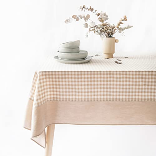 MONDAY MOOSE Gingham Checkered Farmhouse Rustic Picnic Style Decoration Rectangle Natural Stonewashed Cotton Tablecloth for Kitchen, Dining Room, Restaurant (55x70 inch, Beige)