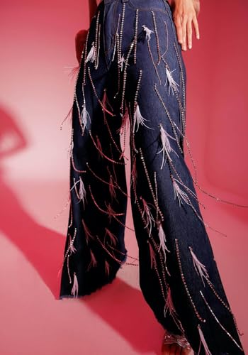 Women's Rhinestone Tassels Jeans High Waist Sright Leg Baggy Y2K Sparkly Side Slit Fringe Feather Denim Pants2