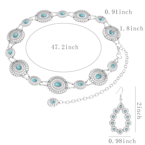 NEWITIN 3 Pieces Western Concho Belt for Women Cowgirl Waist Chain Belt Boho Turquoise Metal Chain Belts for Dresses Jeans2